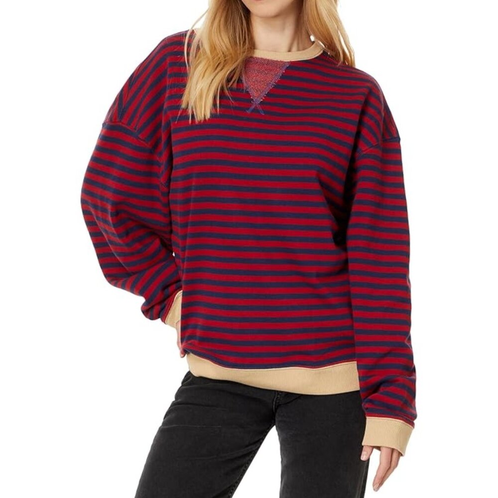 Free People Classic Striped Oversized Crewneck Size M Coral NWT